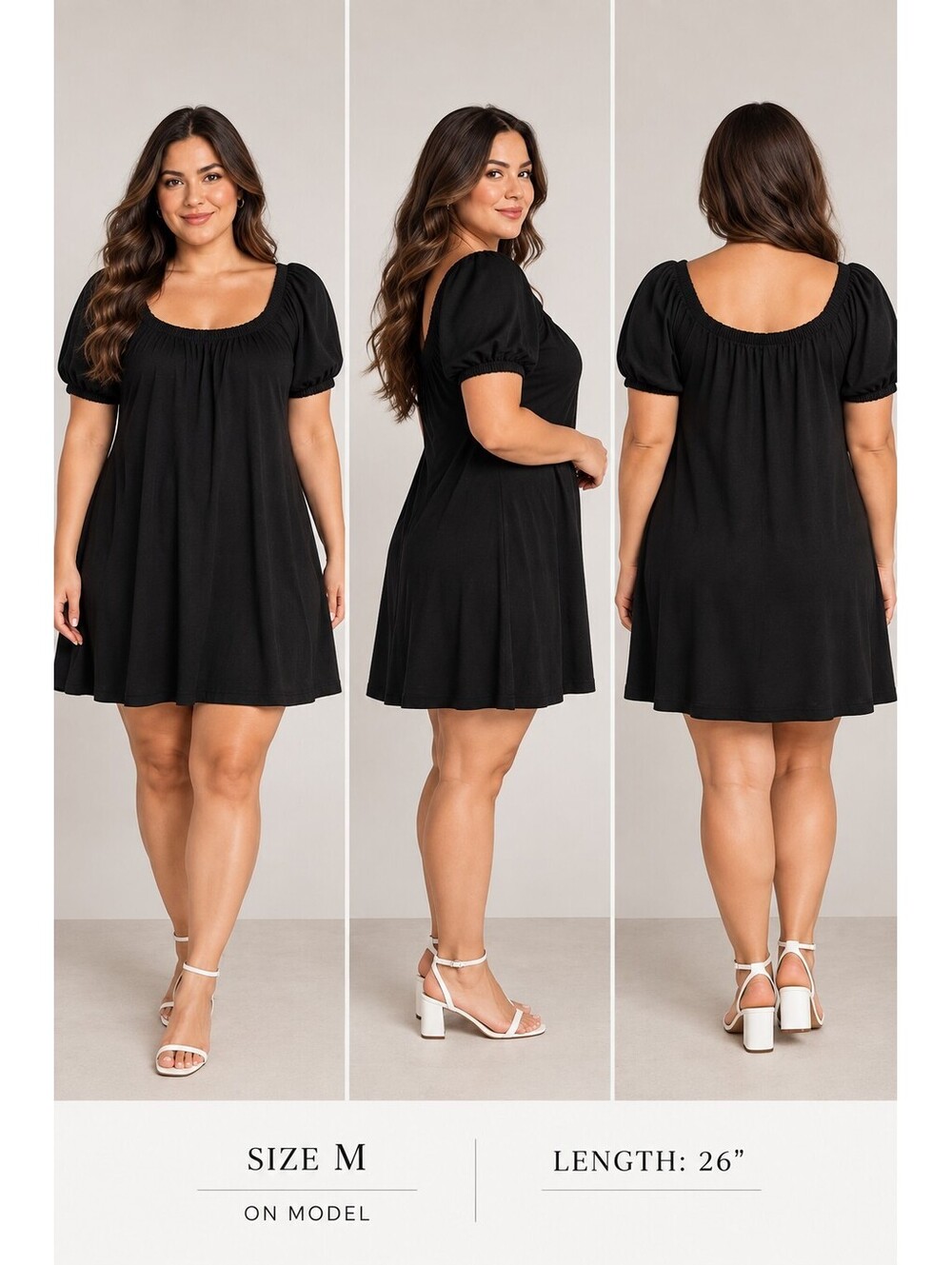 H&M Women's M Black Puff Sleeve Mini Dress Scoop Neck Short A-Line